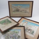 Four 20th century watercolours, figures on a motorbike with car, 8ins x 13ins,