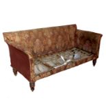 A 19th century sofa, with splayed arms, raised on short turned mahogany legs, width 78ins,