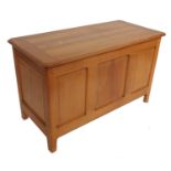 An oak Arts and Crafts coffer, with plain planked rising lid, below a three panelled front,