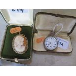 Silver Ladies Pocket Watch and cameo pendant