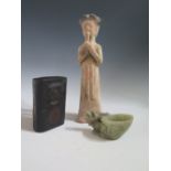 A Chinese Calligraphy ink mixer, terracotta figure and jadeite libation cup