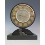 An Ashford Marble and Shagreen Mantle Clock mounted with spelter dog, c. 1930's, 23.5 cm, running