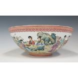 A Chinese Egg Shell Porcelain Bowl hand decorated with female figures and dragon to inner bowl, 19