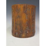 A Chinese Bamboo Bitong or Brush Pot carved with characters, 17 cm high