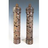A Pair of Chinese Carved and Pierced Cylindrical Pots with Covers, 30.5 cm