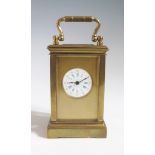 A French Miniature Carriage Clock with enamel dial, 8 cm to top of handle, running