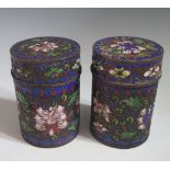 A Pair of Chinese Enamel Cylindrical Pots with covers, 10 cm high