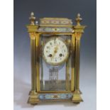 A French Cloisonné Mantle Clock with mercury filled pendulum, the movement by Japy Frères, no.