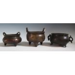 Three Chinese Bronze Censers, all c. 11 cm diam, seal marks to base