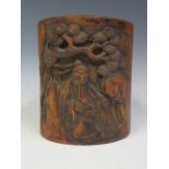 A Chinese Carved Bamboo Bitong or Brush Pot decorated with scholar beneath tree, 15.5 cm