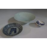 A Chinese Celadon Bowl 22cm, two blue and white tea bowls with six character mark to base and blue