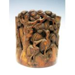 A Chinese Carved and Pierced Bamboo Bitong decorated with storks and one other