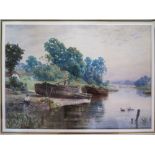 S.G.W. Roscoe, Fishing beside barges, watercolour, 34 x 24 cm, framed and glazed