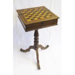 A Victorian Rosewood and Parquetry Inlaid Chess or Draughts Tripod Pedestal Table with locking