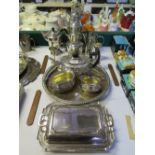 A Silver Plated Three Part Tea Set and other plated ware