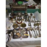 A Pair of Sheffield Plate Candlesticks, large selection of plated flatware etc