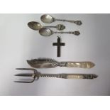 A Victorian Silver and Mother of Pearl Handled Butter Knife Birmingham 1873 H&T, silver cross etc