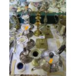 Pair of Victorian Brass Candlesticks, silver plated candlesticks and tea pot