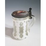 A Nineteenth Century Bavarian Glass Tankard, the porcelain lid decorated with portrait of young girl