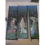 Three Japanese 1950's scroll paintings decorated with full length portraits of Geisha