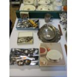 A selection of Plated Flatware, swing handled basket etc