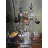 Silver collared cut glass and other scent bottles, Norwegian salt and patch box