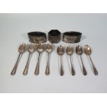 A Selection of English Sterling Silver including three napkin rings, tea and coffee spoons, 173 g