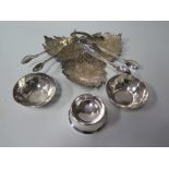 A Pair of Victorian Silver Sugar Tongs, pair of English sterling silver pin dishes, trencher salt,