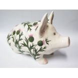 A Large Plichta Wemyss Style Pig decorated with thistles, 43 cm, ear glued