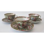 A Set of Three Nineteenth Century Cantonese Famille Rose Tea Cups with saucers