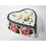 A Wemyss Heart Shaped Twin Inkwell decorated with dog rose, impressed mark to base R.H.&S, Crazed