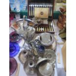 A Cased Set of Silver Plated Fish Eaters and other plated ware including tea kettle and chamber