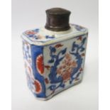 An Eighteenth Century Chinese Porcelain Imari Tea Flask, the silver plated cover engraved with