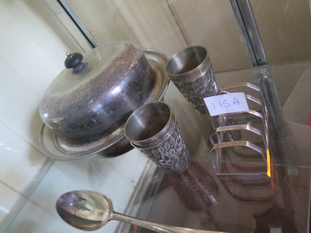 A Sheffield Silver Toast Rack, plated muffin dish and four shot beakers - Image 2 of 2