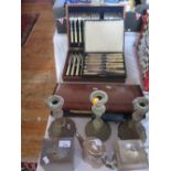 Canteen of Silver Plated Fish Eaters, tea caddy, carving set, candlesticks etc