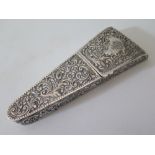 A Victorian Silver Scissors Case decorated with floral scrolls, the hinged cover opening to a set of