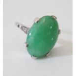 A Jade and Diamond Ring in a precious white metal mount, size L, 5.5 g