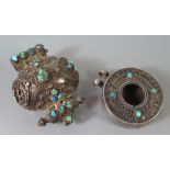 Two Antique Tibetan Silver and Turquoise Set Prayer Pendants