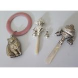 Two Silver and Mother Of Pearl Teething Rattles and one plated