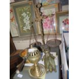 A Nineteenth Century Brass Incence Burner, other brassware and balance scales