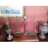 A Nineteenth Century Brass Balance Scale, pewter and paraffin lamp