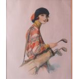 A Lady Golfer, 1930's painting on silk, 27 x 21 cm, framed and glazed and one other