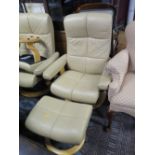 An Ekornes Cream Leather Reclining Armchair with footstool