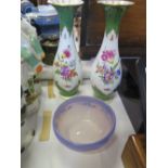 A Pair of Modern Dresden Floral Decorated Vases and decorative glass bowl