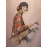 A Lady Golfer, 1930's picture on silk, 27 x 21 cm, framed and glazed and one other