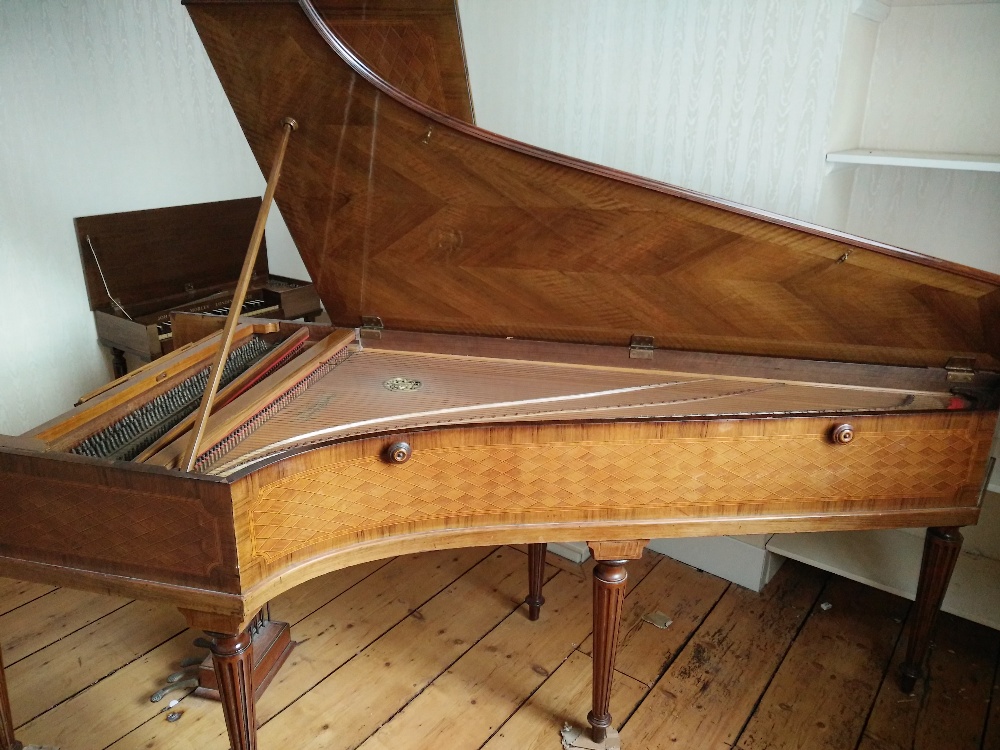 Pleyel Harpsichord (c1906) An 7ft 10in double manual harpsichord in a parquetry style veneered case