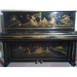 Broadwood (c1933) An upright piano in a Chinoiserie case on a black base depicting typical Chinese