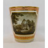 A Flight & Barr porcelain beaker hand painted with a sepia landscape of a ruined abbey,