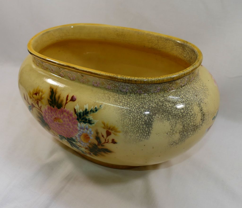 A Zsolnay oval jardinere, with yellow ground, hand painted in enamels with flowers, - Image 3 of 4