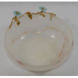 A turned rock crystal bowl with floral gold plated and porcelain mount, 12.